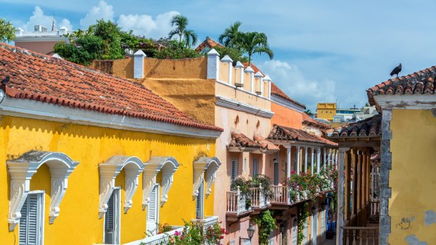 Colonial buildings and balconies in the historic centre of Cartagena, Colombia,