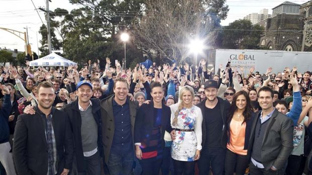 Stars from <i>The Block</i> gather in front of crowds at today's auctions in South Melbourne.