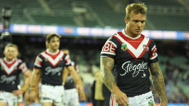 Storm damage: Jake Friend of the Roosters shows his dejection during the NRL qualifying final match between the Sydney Roosters and the Melbourne Storm at Allianz Stadium.