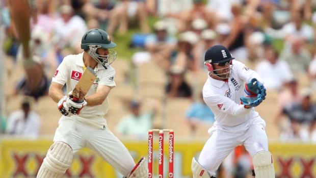 Simon Katich bats during day four of the Second Ashes Test match in Adelaide last year.