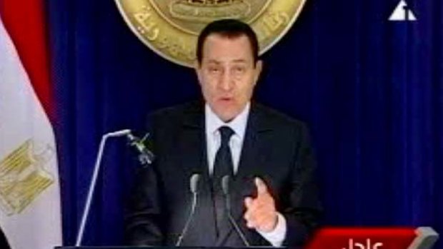 A screen grab of Egyptian President Hosni Mubarak in a nationally televised announcement that he had asked his Cabinet to resign.