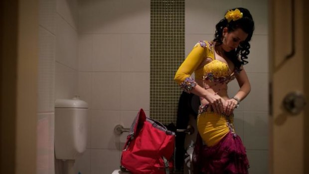 Belly dancer Georgette Bowden getting ready to perform at a Lebanese restaurant in Parramatta.