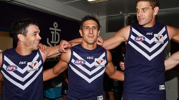 Fremantle's Matthew Pavlich (centre) was a first round national draft pick but his close mates Ryan Crowley and Aaron Sandilands both got their chances from the rookie list.