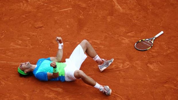 Back on top . . . Rafael Nadal of Spain celebrates winning his fifth French Open title after defeating Sweden's Robin Soderling.