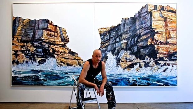 ''Painting to me is about transferring the energy from the body onto the picture &#8230; so there tends to be a lot of jumping up and down'' &#8230; landscape artist Neil Frazer with his painting <i>Siege</i>.