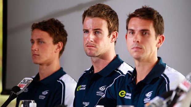 Sorry sight &#8230; Cameron McEvoy, James Magnussen and Eamon Sullivan deliver their mea culpa on Friday.