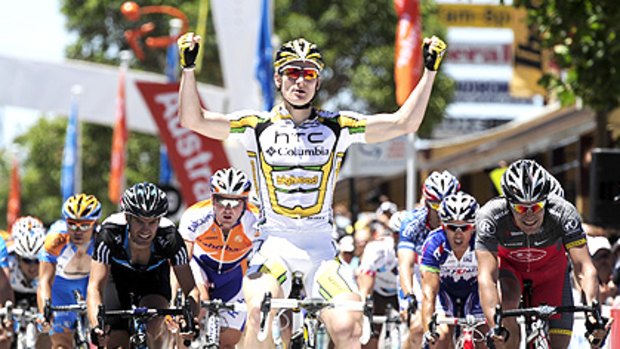 Andre Greipel celebrates his stage victory in Tanunda.