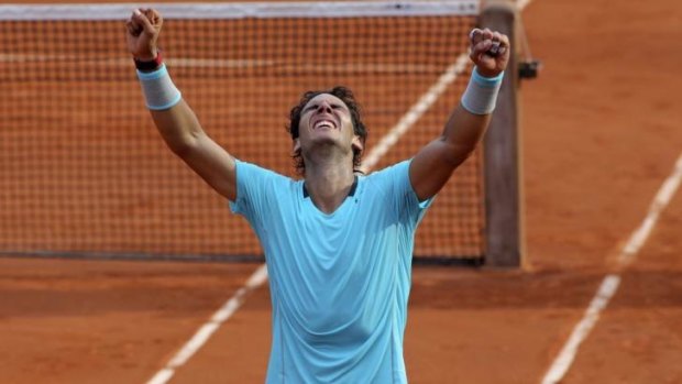 Spain's Rafael Nadal moments after defeating  Serbia's Novak Djokovic to claim the 2014 French Open in Paris.