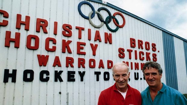 Roger, left, and Bill (Billy) Christian outside their Christian Bros. hockey stick factory in Warroad, Minnesota, August 1988.