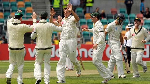Jubilant: Australia's James Pattinson celebrates the wicket of New Zealand's Dean Brownlie.