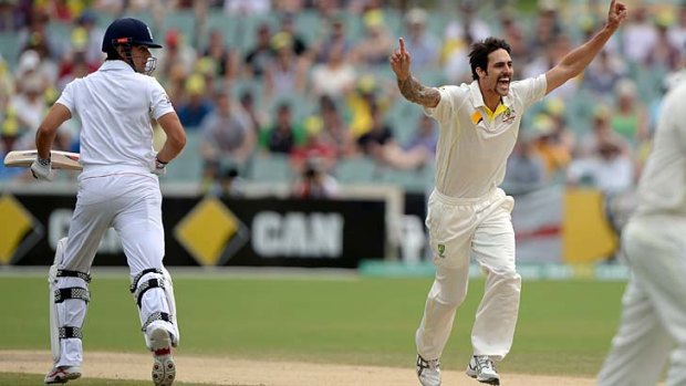 Flat finish: Mitchell Johnson dismisses Alastair Cook for one on Sunday.