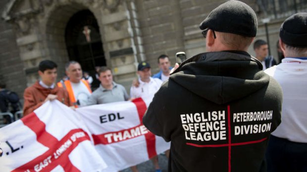 Failed plot: Members of the English Defence League rally outside the Old Bailey in London.