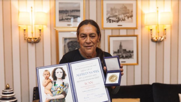 Sue Coleman-Haseldine with ICAN's Nobel medal.