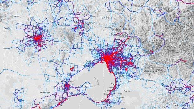 Popular cycling routes show up as bright red on Strava's heat map.