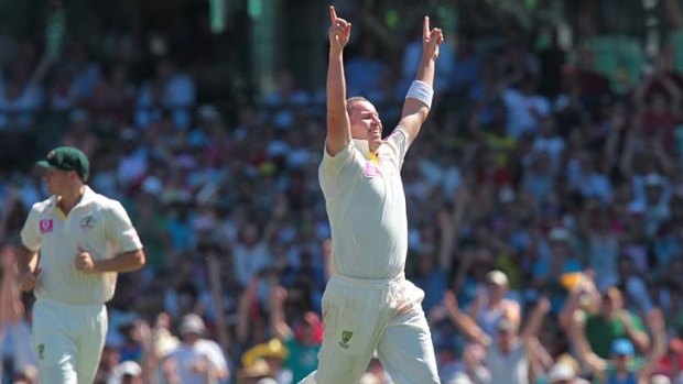 Peter Siddle is as pleased as punch after bowling Umesh Yadav to end the Indian innings and also take his tally of Test wickets to 100.
