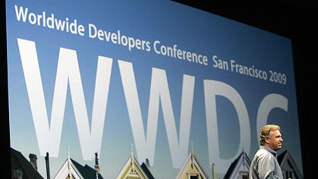 Apple's senior VP of worldwide product marketing, Philip Schiller, takes the stage during the company's Worldwide Developers Conference in San Francisco.