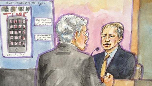 Apple marketing chief Phil Schiller takes the stand with Apple attorney Harold McElhinny (L) in this court sketch during a high profile trial between Samsung and Apple in San Jose, California, August 3, 2012.
