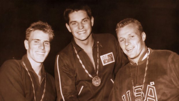 Rome Olympics 1500m medallists (from left) Australians Murray Rose  and John Konrads and American George Breen.