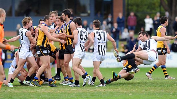 All-in brawl: Things heated up in Collingwood's clash with Sandringham.