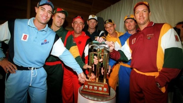 Michael Bevan of NSW, Jamie Cox of Tasmania, Darren Lehmann of South Australia, Paul Reiffel of Victoria, Adam Gilchrist of Western Australia, Rod Tucker of Canberra and Stuart Law of Queensland launch the 1999-2000 Mercantile Mutual Cup.
