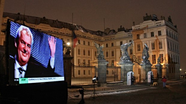 Czech new-elected President Milos Zeman is displayed on a screen at the Hradcany Castle.