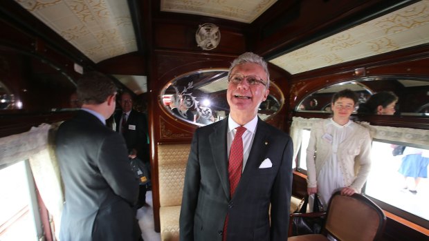 BRISBANE, AUSTRALIA - AUGUST 26:  Queensland Governor Paul de Jersey inpects the Vice-Regal Carriage on the steam train at the Brisbane Open House launch on August 26, 2015 in Brisbane, Australia.  (Photo by Chris Hyde/Fairfax Media)