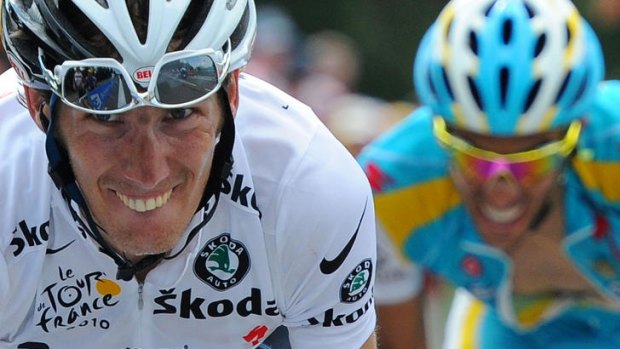 Andy Schleck riding to  victory ahead of  Alberto Contador  in stage eight of the 2010 Tour de France.