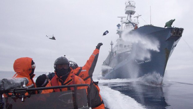 Sea Shepherd crew confront the Yushin Maru I in the Ross Sea.