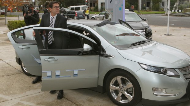 Greg Combet at yesterday’s launch of the Holden Volt.