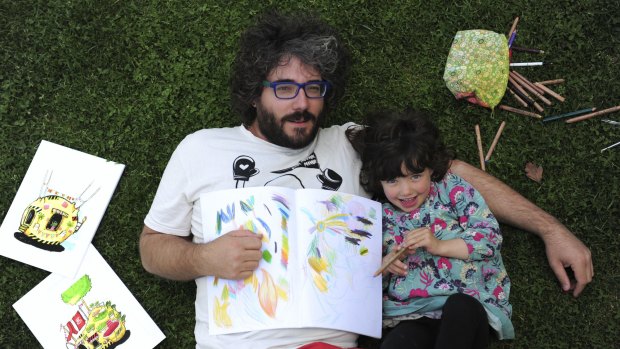 Arts. Artist, Paul Summerfield with some examples of his work at Gorman House where he has a studio. His 4 year old daughter Sumi Zemita kept him company.
September 30th 2015
The Canberra Times
Photograph by Graham Tidy.