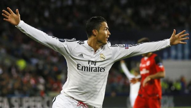 Cristiano Ronaldo celebrates after scoring the second goal during the UEFA Super Cup.