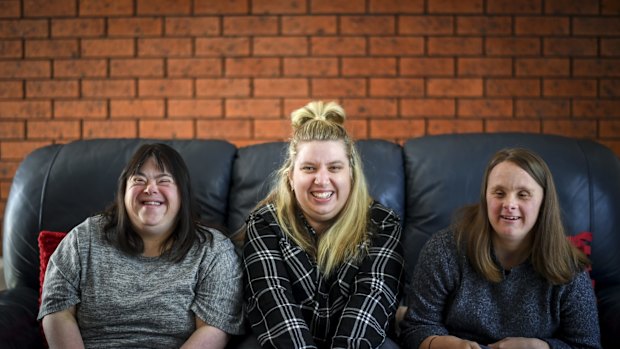 From left, Melanie Saleh, Belinda Cini and Jessica Shea at their share house in Geelong. 