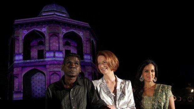 Prime Minister Julia Gillard meets with musicians Gurrumul Yunupingu (left) and Anoushka Shankar (right) who performed at the opening of Oz Fest at Purana Qila, in India on Tuesday 16 October 2012.
