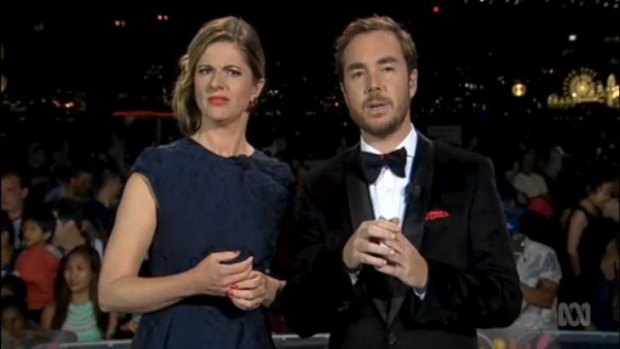 The end of a long, gruelling broadcast: ABC hosts Julia Zemiro and Toby Truslove.