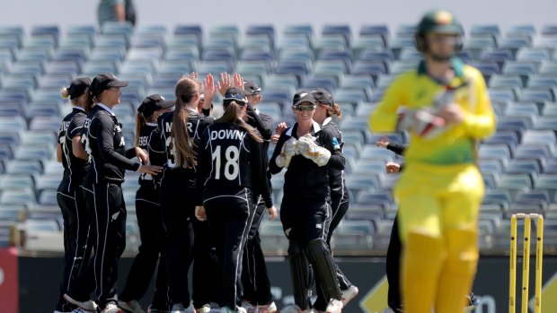 Dismissed: Meg Lanning leaves the field after edging a chance to the New Zealand slip cordon.