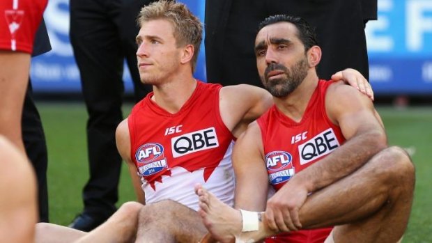 Kieren Jack consoles Adam Goodes after the debacle on Saturday.
