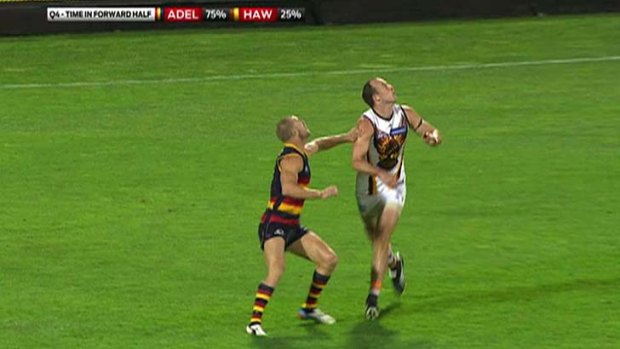 <b>Last week: Adelaide v Hawthorn, AAMI Stadium, fourth quarter, 14 minutes remaining.</b> Scott Thompson places his hand on David Hale’s shoulder and may have pushed, but only with minimal force, before marking the ball. Paid a free kick against Thompson for pushing, however umpires boss Jeff Gieschen says the umpire made a mistake.