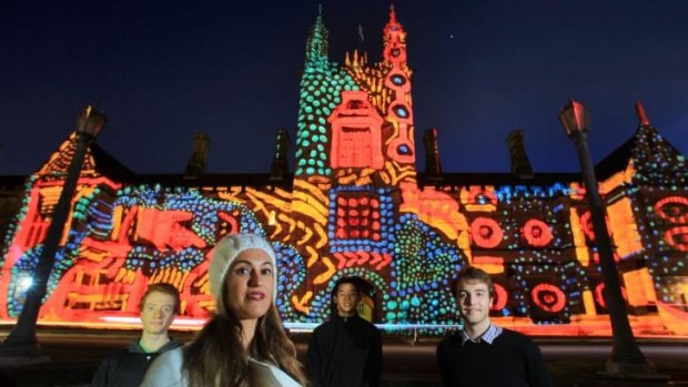 Dr Caitilin de Berigny (centre) with Alex Elton-Pym (far right), Nathaniel Fay (at rear) from the Faculty of Architecture and Design, with Con music student Oliver Hahn (at left) in the Sydney University Quadrangle.