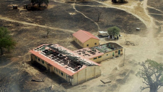 An arial view of the burnt-out classrooms of a school in Chibok, in Northeastern Nigeria, from where Boko Haram Islamist fighters seized 276 teenagers on the evening of April 14, 2014.  