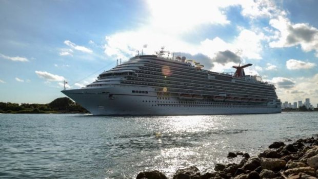 Carnival's Breeze cruise ship leaving the Port of Miami in  Florida.