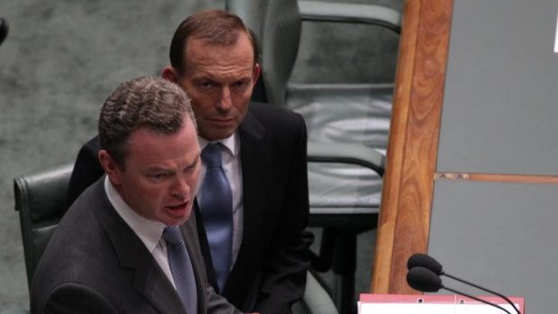Christopher Pyne and Tony Abbott during question time.