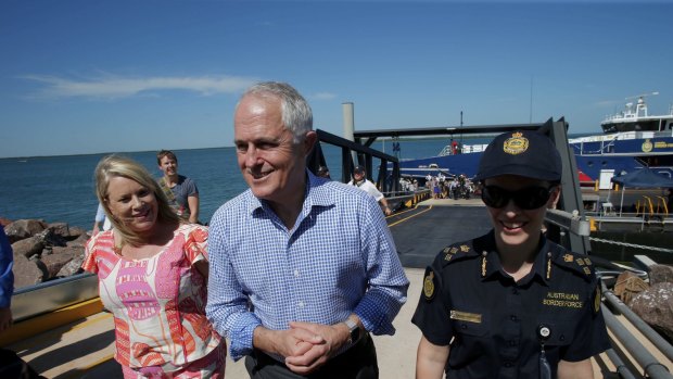 Prime Minister Malcolm Turnbull after he visited Border Force onboard the Cape Jervis patrol boat with local member Natasha Griggs in Darwin on Tuesday.