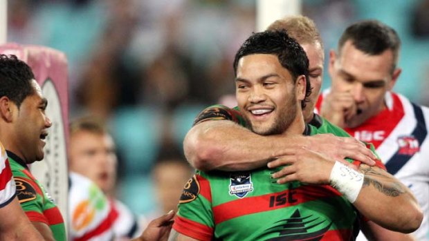 Come from behind ... Issac Luke begins the Rabbitohs' runs chase with a try in the 14th minute.