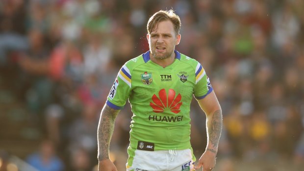 Injured: Canberra Raiders five-eighth Blake Austin was hurt while scoring a solo try in the second half.