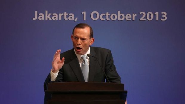 Tony Abbott addresses a business breakfast during his visit to Indonesia on Tuesday.
