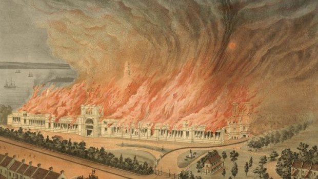 Burning of the Garden Palace, Sydney, September 22, 1882, as seen from Macquarie Street, 1882.