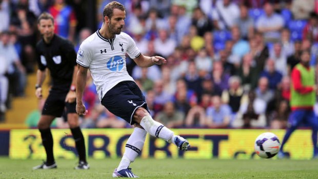 On the mark: Tottenham striker Roberto Soldado scores from the spot against Crystal Palace.