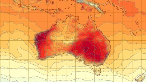 The predicted heat map for 2pm on Saturday puts WA back in the hot zone.