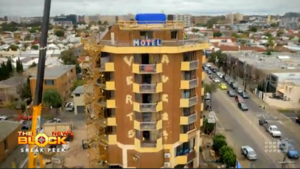 An aerial view of the apartment building. 