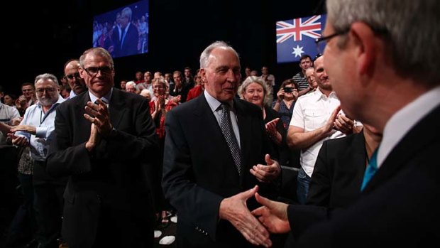 Prime Minister Kevin Rudd with Paul Keating and Senator John Faulkner at the ALP campaign launch in Brisbane on Sunday.